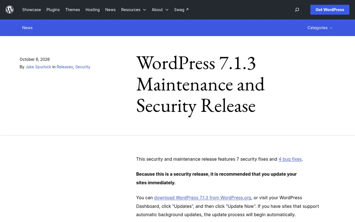 워드프레스 공식 뉴스의 WordPress 7.1.3 유지보수 및 보안 릴리스 공지 화면