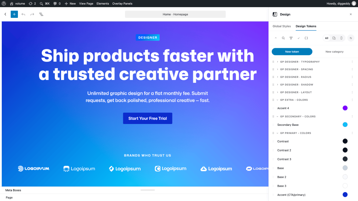 GenerateBlocks 편집기 오른쪽 Design Tokens 패널 공식 화면